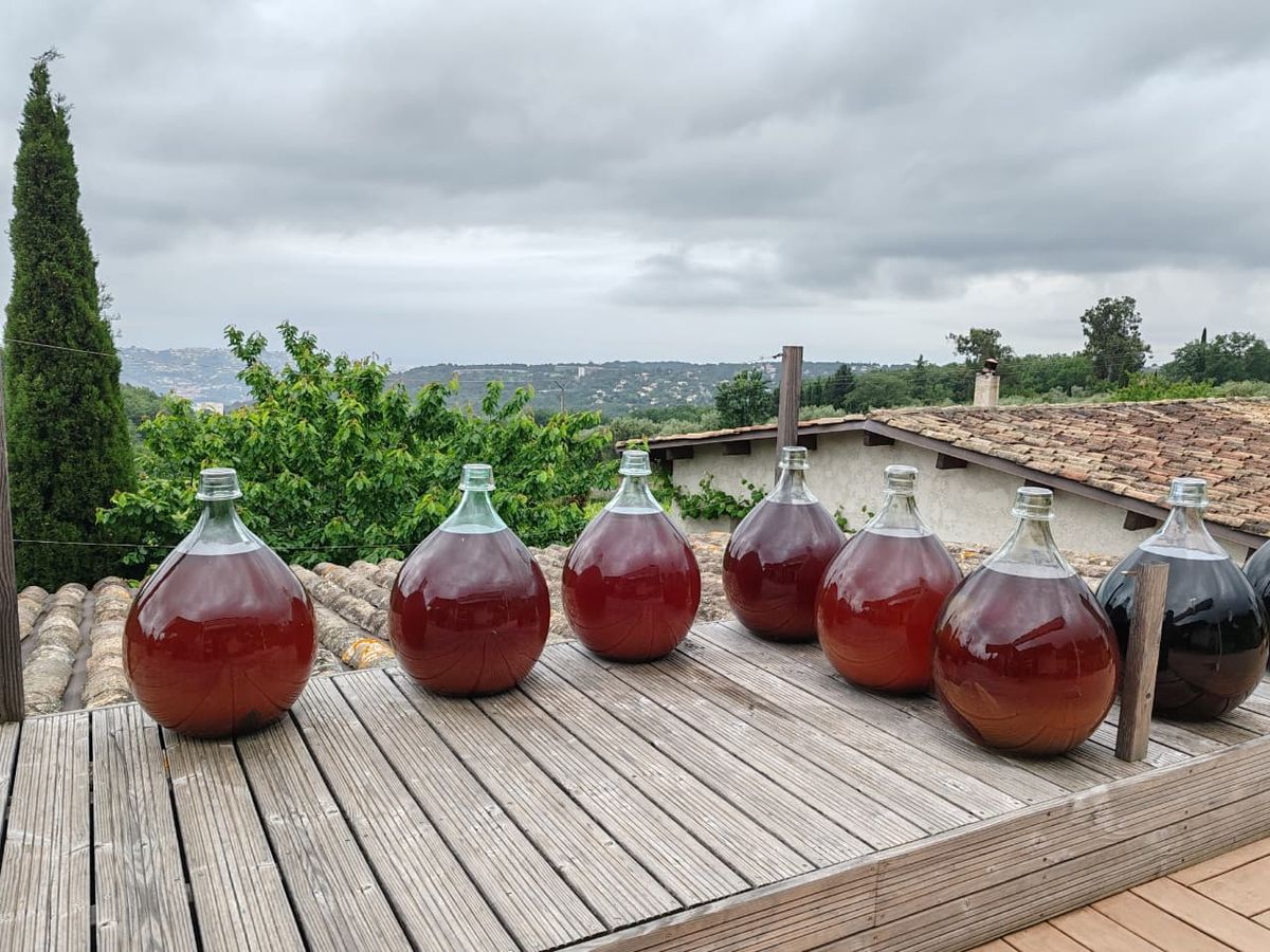 Damajuanas de vino en fila sobre la terraza de madera