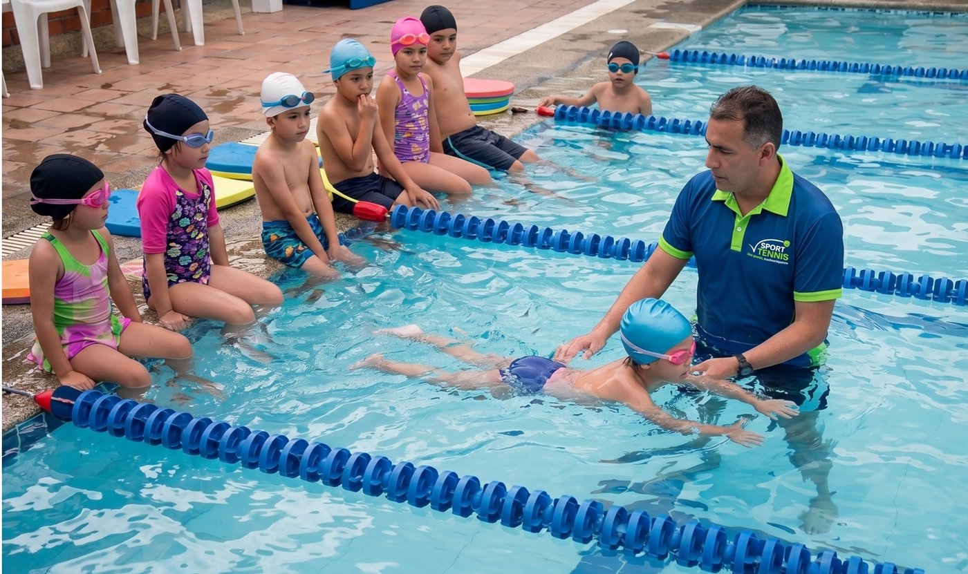 Niños en clase de natación con su profesor